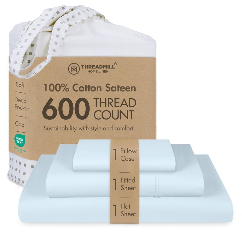 Threadmill 100% Cotton Sheets for Twin XL Size Bed - 600 Thread Count Twin XL Bed Sheets Set with 15â€ Deep Pocket - Sateen Weave 3-Piece Bedding Set with Cooling Effect, Blue - Image 1